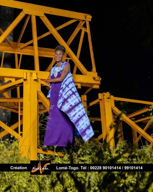 Ensemble robe longue tunique violette et cap batik – Image 3