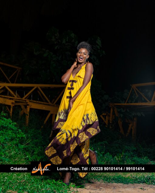 Robe ovale en tissu coton batik jaune et marron – Image 3