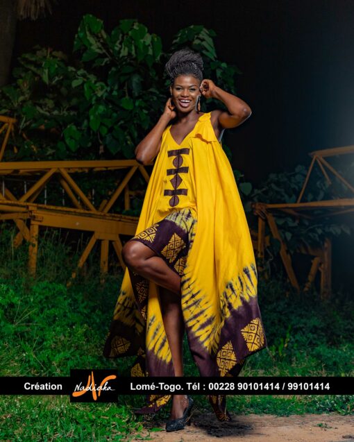Robe ovale en tissu coton batik jaune et marron – Image 2
