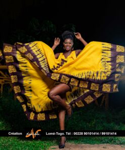 Robe ovale en tissu coton batik jaune et marron