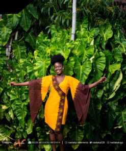 Robe cache cœur, asymétrique, tissu coton batik, couleur orange marron.