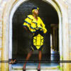 Ensemble Cache cœur en tissu batik couleur jaune, brodé, et jupe en tissu brocarde avec broderies, chapeau brodé et foulard assortis