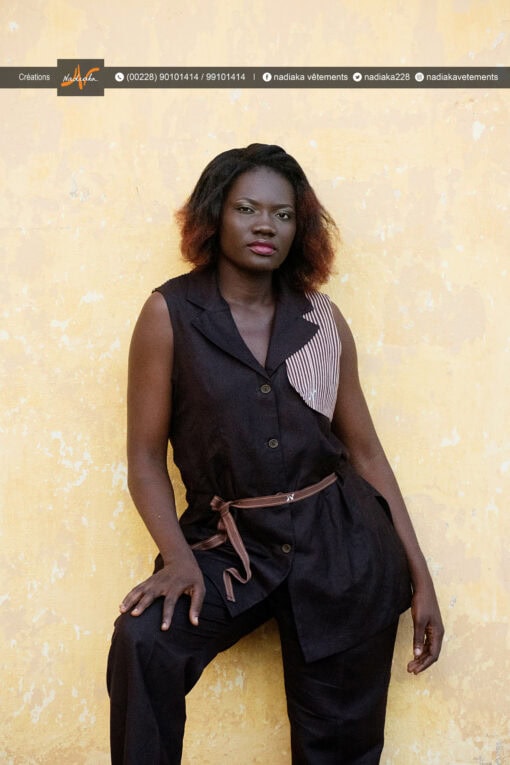 Ensemble tunique col ouvert, et pantalon en tissu lin mix pagne tissé