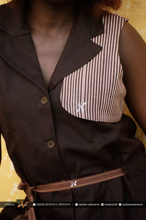 Ensemble tunique col ouvert, et pantalon en tissu lin mix pagne tissé