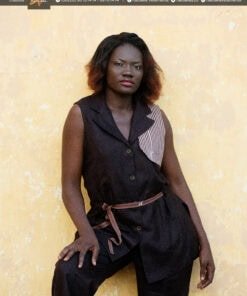 Ensemble tunique col ouvert, et pantalon en tissu lin mix pagne tissé