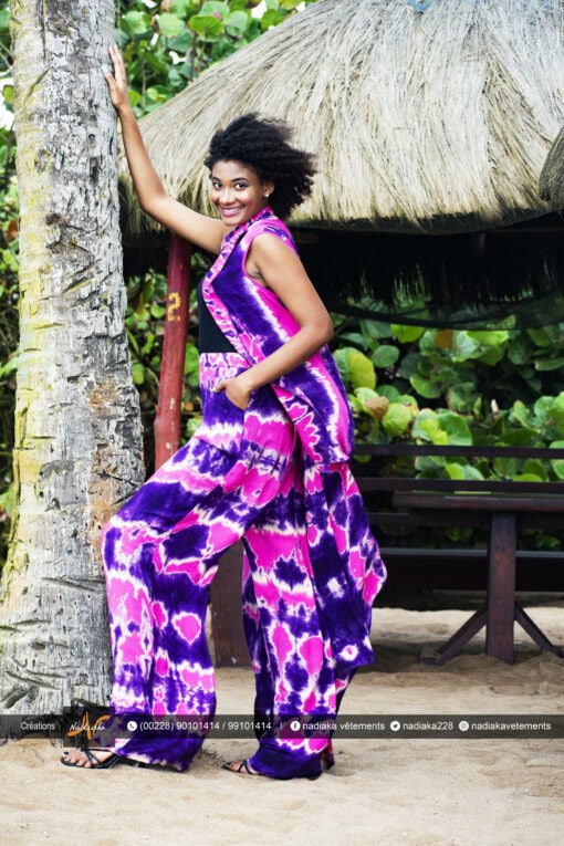 Ensemble pantalon palazzo et gilet cape long. Tissu tie and dye rose fuschia et violet