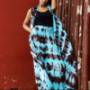 Ensemble pantalon palazzo et gilet cape long, tissu tie and dye bleu turquois et marron.