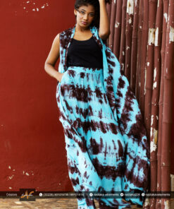 Ensemble pantalon palazzo et gilet cape long, tissu tie and dye bleu turquois et marron.