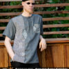 Chemise manches courtes, en tissu lin gris mix pagne tissé avec broderies