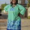 Robe boubou tunique batik brodée, couleurs dégradées Vert/bleu roi.