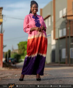 Robe tunique longue batik brodée, Couleurs dégradées Rose/Rouge/violet.