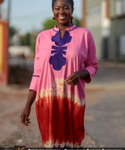 Robe tunique longue batik brodée, Couleurs dégradées Rose/Rouge/violet.