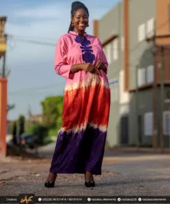 Robe tunique longue batik brodée, Couleurs dégradées Rose/Rouge/violet.