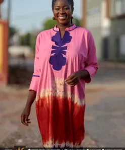 Robe tunique longue batik brodée, Couleurs dégradées Rose/Rouge/violet.