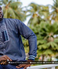 Chemise manches longues, tissu jean's mix bogolan indigo
