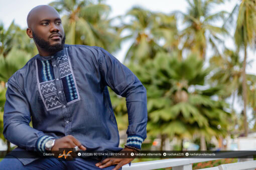 Chemise manches longues, tissu jean's mix bogolan indigo
