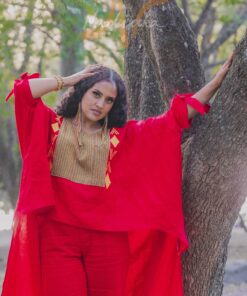 Ensemble pantalon et boubou asymétrique, tissu lin mix pagne tissé traditionnel, couleur rouge.