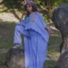 Ensemble pantalon et boubou asymétrique, tissu lin mix pagne tissé traditionnel, couleur bleu ciel.