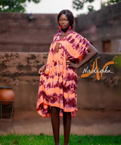 Boubou long brodé en tissu voile de coton teinture orange violet