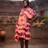 Boubou long brodé en tissu voile de coton teinture orange violet