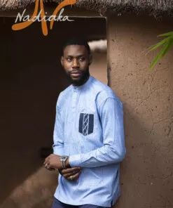 Chemise brodée manches longues teintures à jets bleu