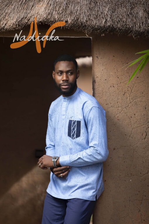 Chemise brodée manches longues teintures à jets bleu