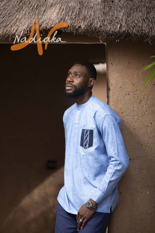 Chemise brodée manches longues teintures à jets bleu