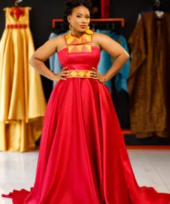 Robe de soirée longue ovale brodée, avec ceinture brodée assortie, tissu Tafettas lustré rouge bordeaux, Dos à lacets.